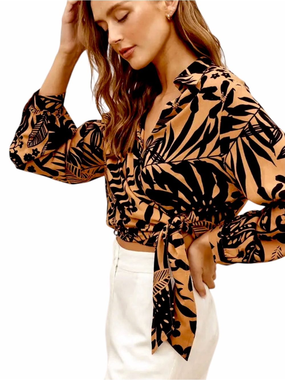 Dress Forum – Tropical Floral Wrap Top – Camel Black Botanical Print – Sz. S